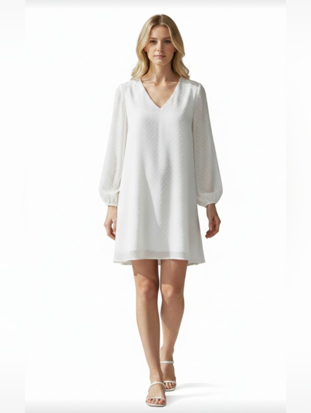NWOT! INC! EGGSHELL WHITE CHIFFON, POUF SLEEVE, SWISS DOTTED A-LINE DRESS! SZ S